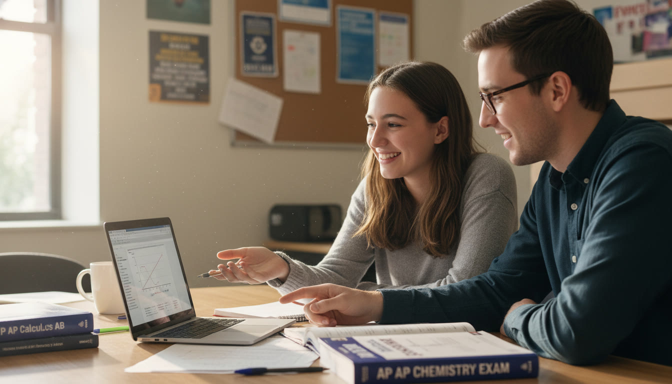 Photo Idea : A hopeful image of a teen smiling while working one-on-one with a tutor, laptop open and notes on the table, capturing the moment of understanding and progress.