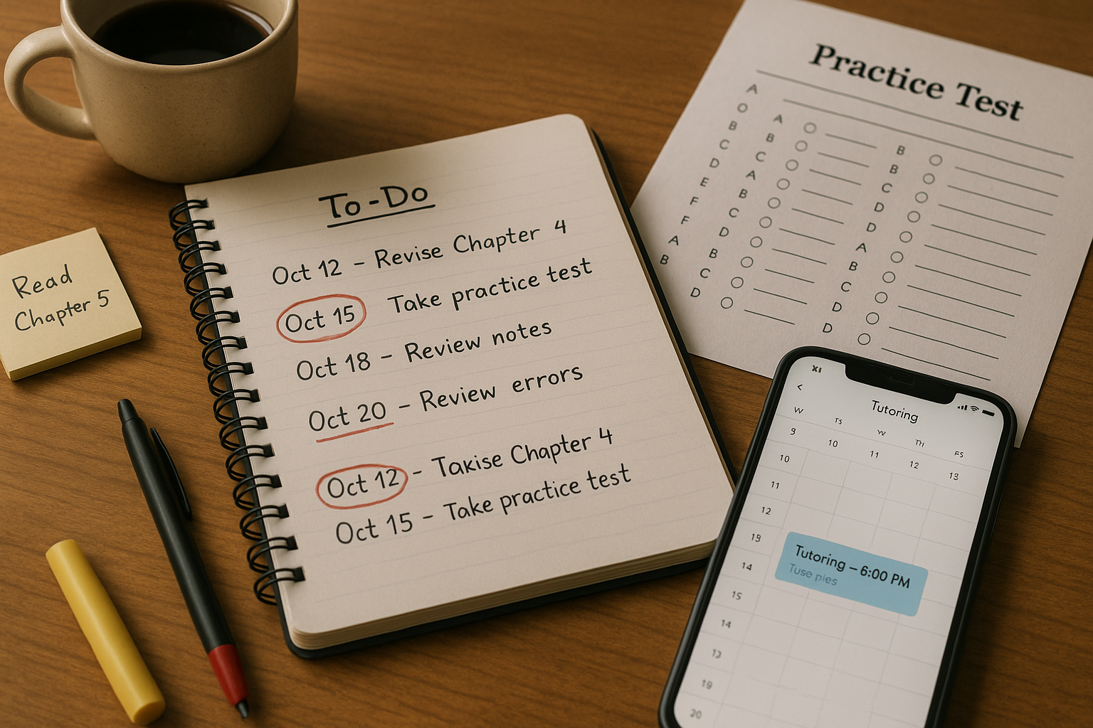 Photo Idea : A calm desktop scene showing a checklist with dates circled, a practice test printout, and a phone displaying a tutoring schedule — representing organized planning and the integration of tutoring into the timeline.