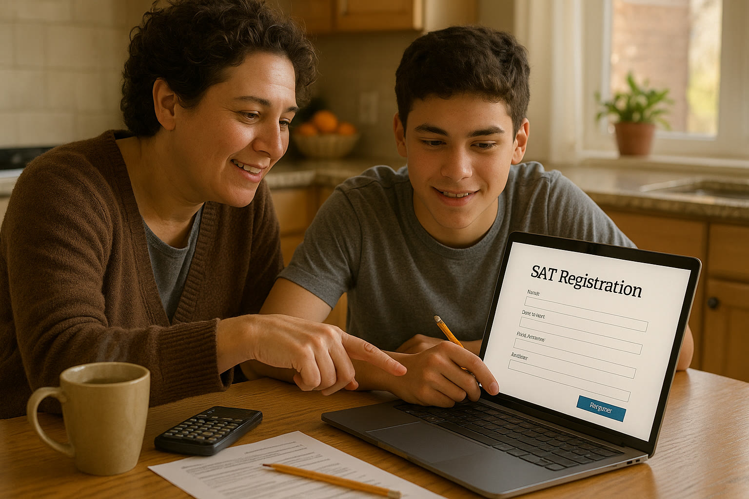 Photo Idea : A parent and teen at the kitchen table with a laptop open to a SAT registration page, a calculator and a coffee mug — warm, everyday scene to introduce the post.