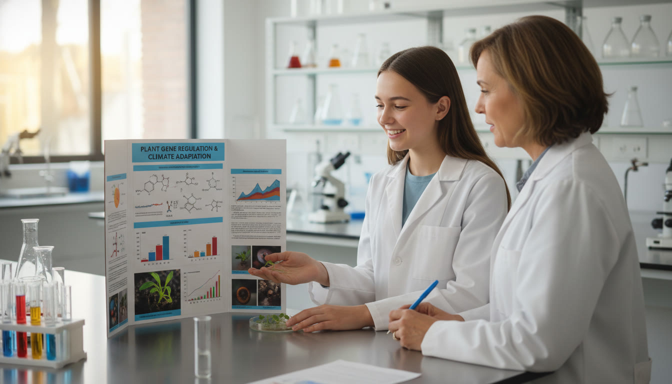 Photo Idea : A teen in a science lab presenting a small research poster to a parent or mentor—bright, focused, showcasing the tangible results of depth and a spike-aligned project.