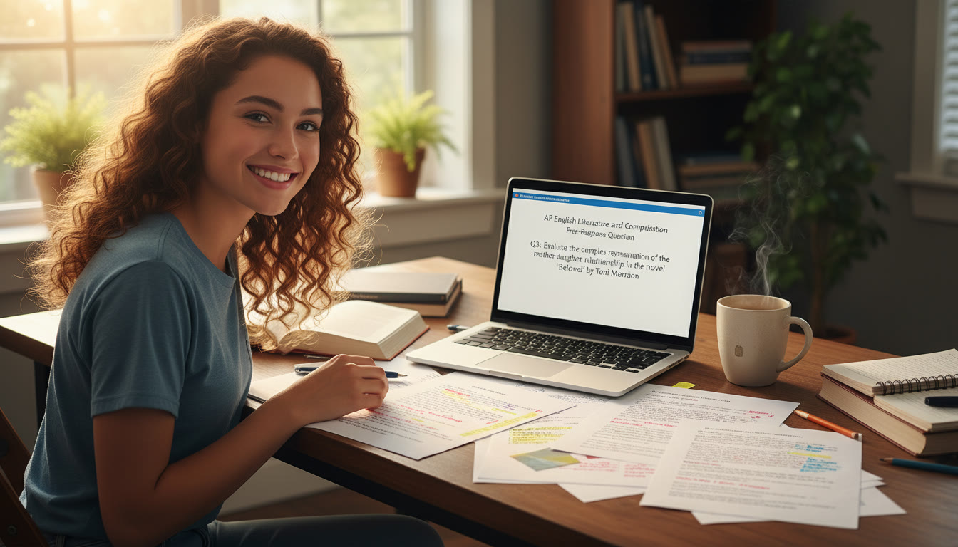 Photo Idea : A high school student studying with annotated printouts of essays and a laptop open to a sample AP free-response question—sunlight through a window, a coffee mug on the table to evoke steady, focused preparation.