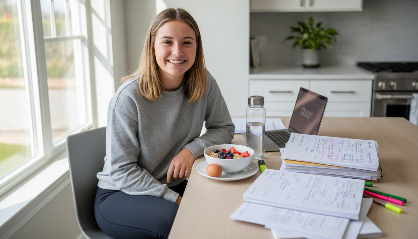 Photo Idea : A student sitting at a kitchen table the morning of test day with a balanced breakfast plate (oatmeal with fruit, a boiled egg, and a small water bottle) and AP study notes casually stacked to the side.