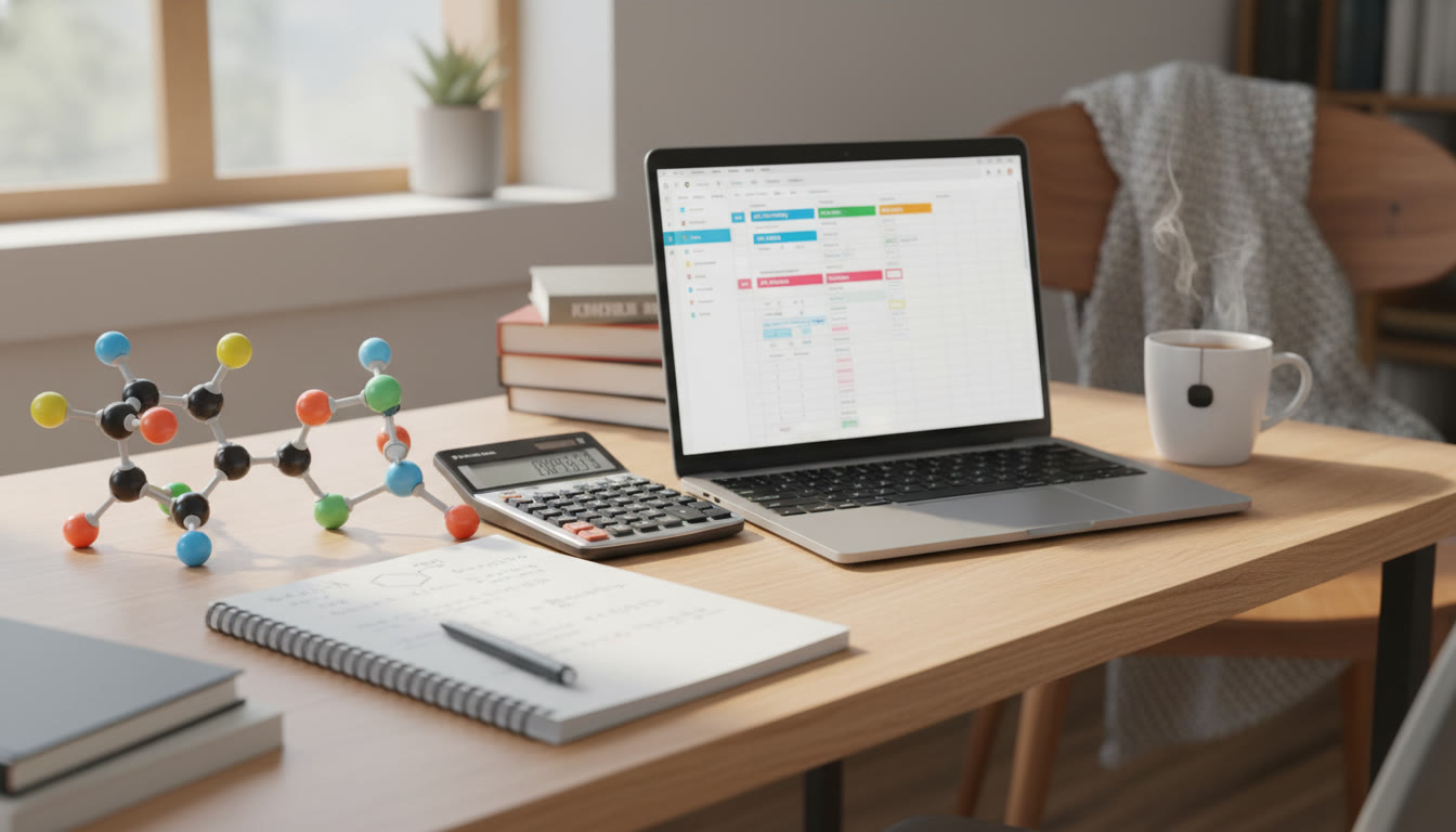 Photo Idea : A bright, early-morning desk scene with a notebook, chemistry model, graphing calculator, and a laptop open to a study planner — evokes calm, purposeful preparation.