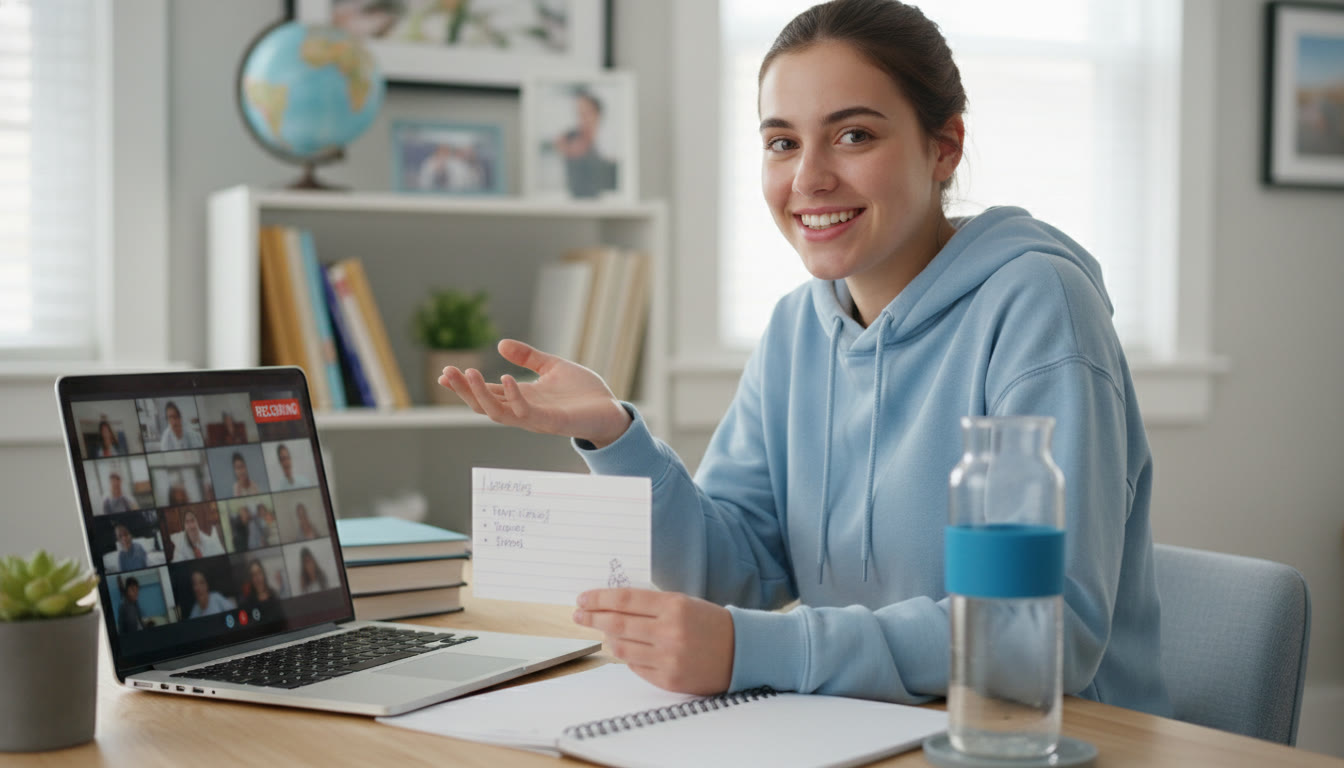 Photo Idea : A student at home delivering a short recorded presentation to a laptop camera—shows modern hybrid learning, a prepared note card, and a water bottle to emphasize small performance rituals.
