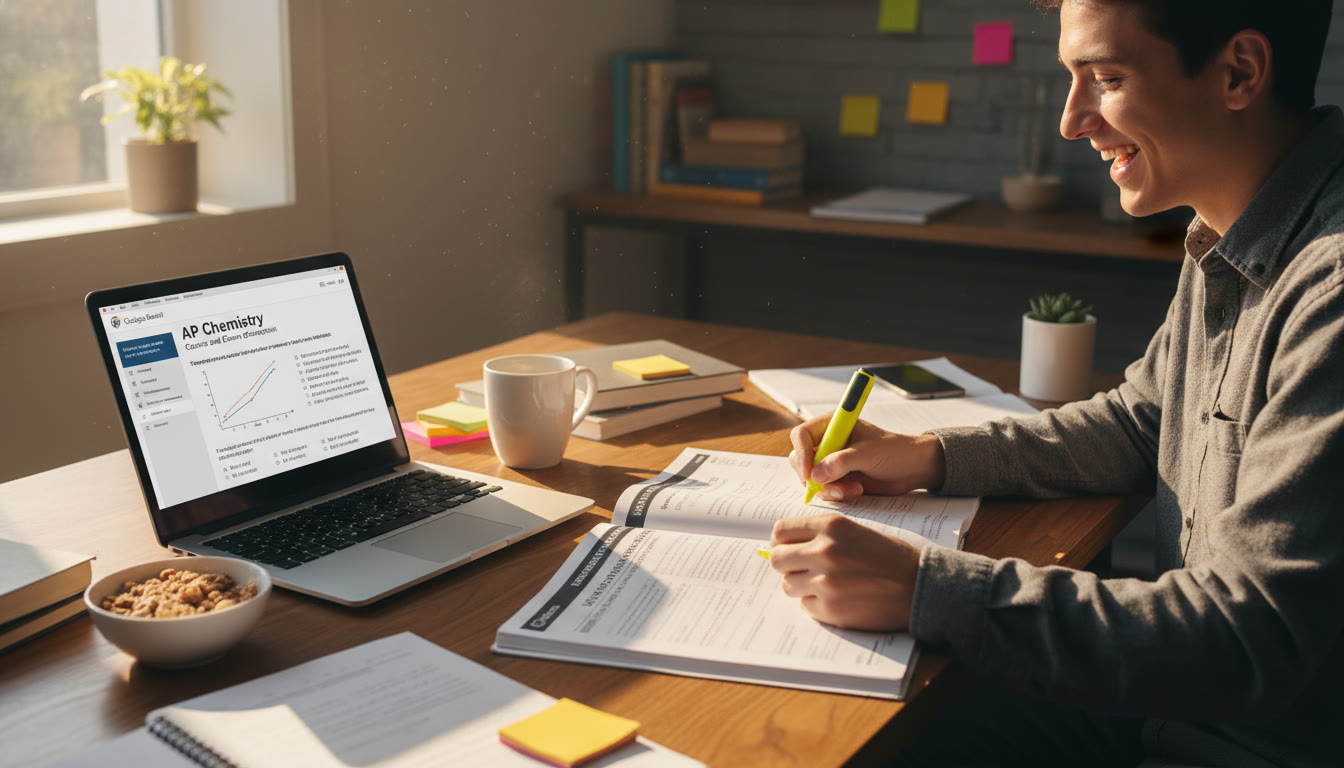 Photo Idea : A student at a desk with a printed CED, highlighter in hand, laptop open to practice problems; morning light for an energetic feel.
