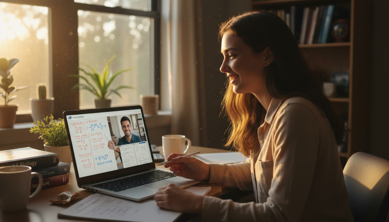 Photo Idea : A quiet late-afternoon scene of a student working with an online tutor on a laptop—split screen shows a tutor’s notes and a student’s handwritten work; the mood emphasizes focused, supportive 1-on-1 tutoring.