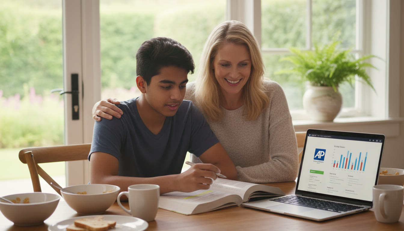 Photo Idea : A morning scene of a parent and teen at the kitchen table reviewing a laptop and a textbook together   calm, collaborative, focused. This sits near the top of the article to set a supportive tone.