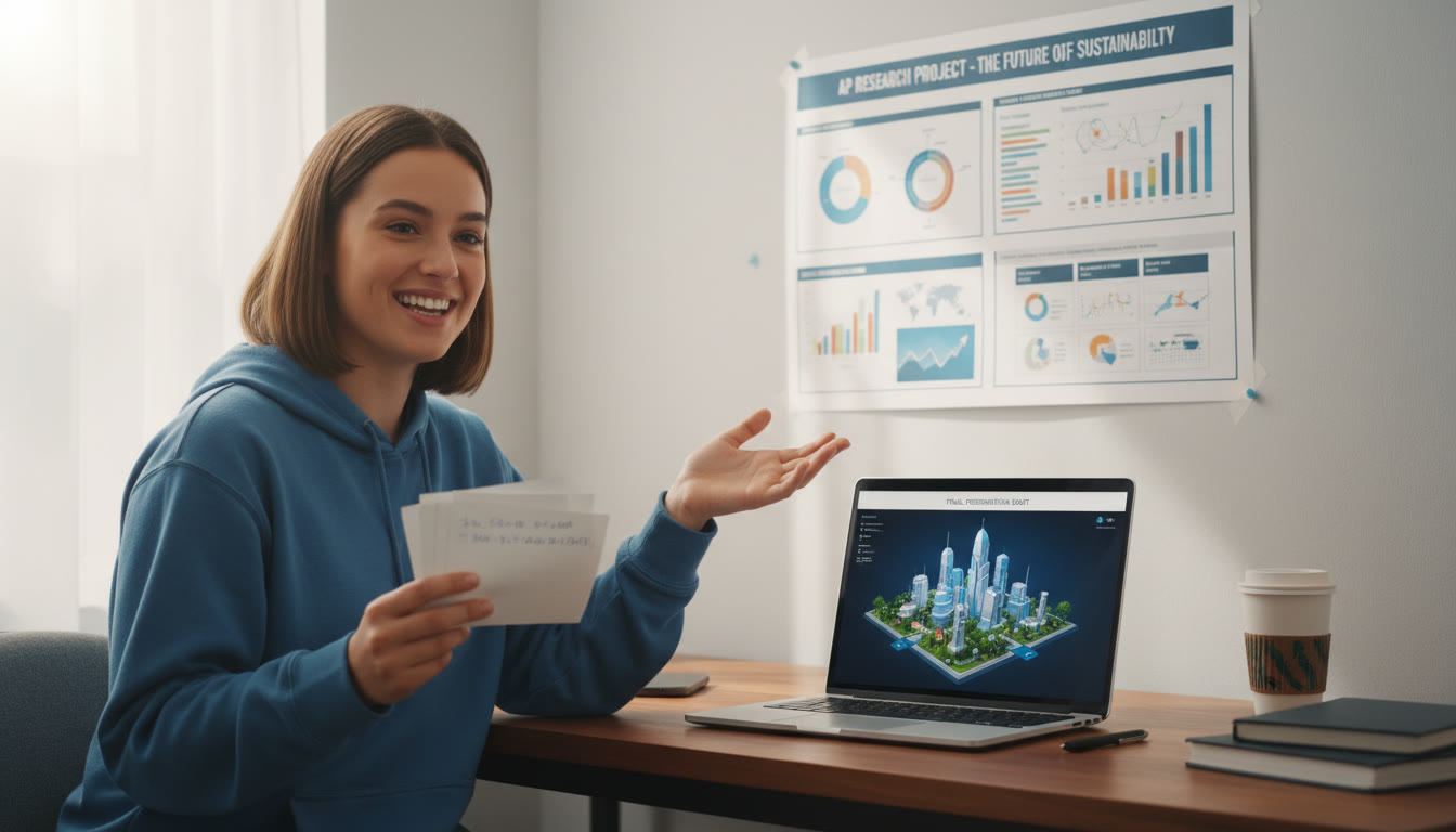 Photo Idea : A clean workspace with a printed poster, a laptop showing a polished figure, and a student rehearsing with index cards. Captures the presentation-ready stage of a project.