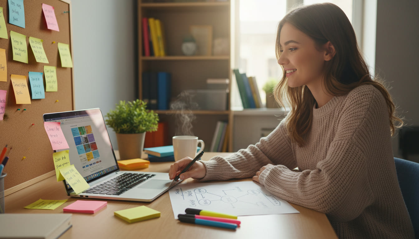 Photo Idea : A friendly study scene — a student at a desk with a laptop, sticky notes, and a diagram of a simple network on paper. The tone should be calm and focused, showing preparation rather than panic.