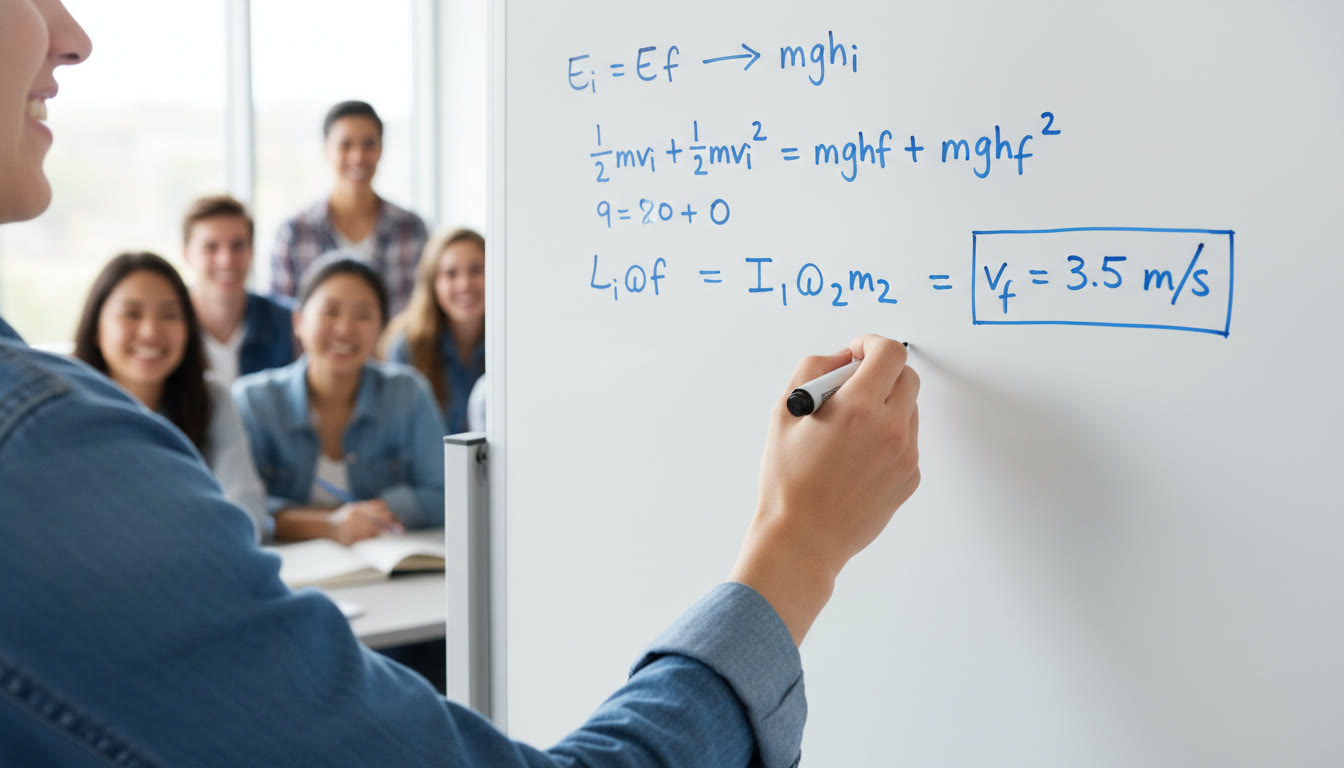 Photo Idea : A close-up of a whiteboard with a multi-stage solution: energy equation, angular momentum conservation step, and a neat box with the final numerical result—pen in hand, mid-explanation.