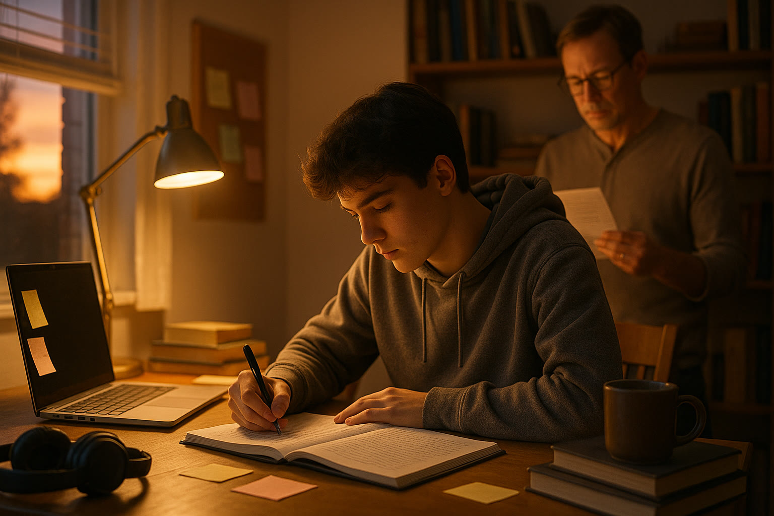 Photo Idea : A focused scene of a teenager writing a college essay at a desk with sticky notes, while a parent reads a printed draft — warm evening light, a pair of headphones nearby.