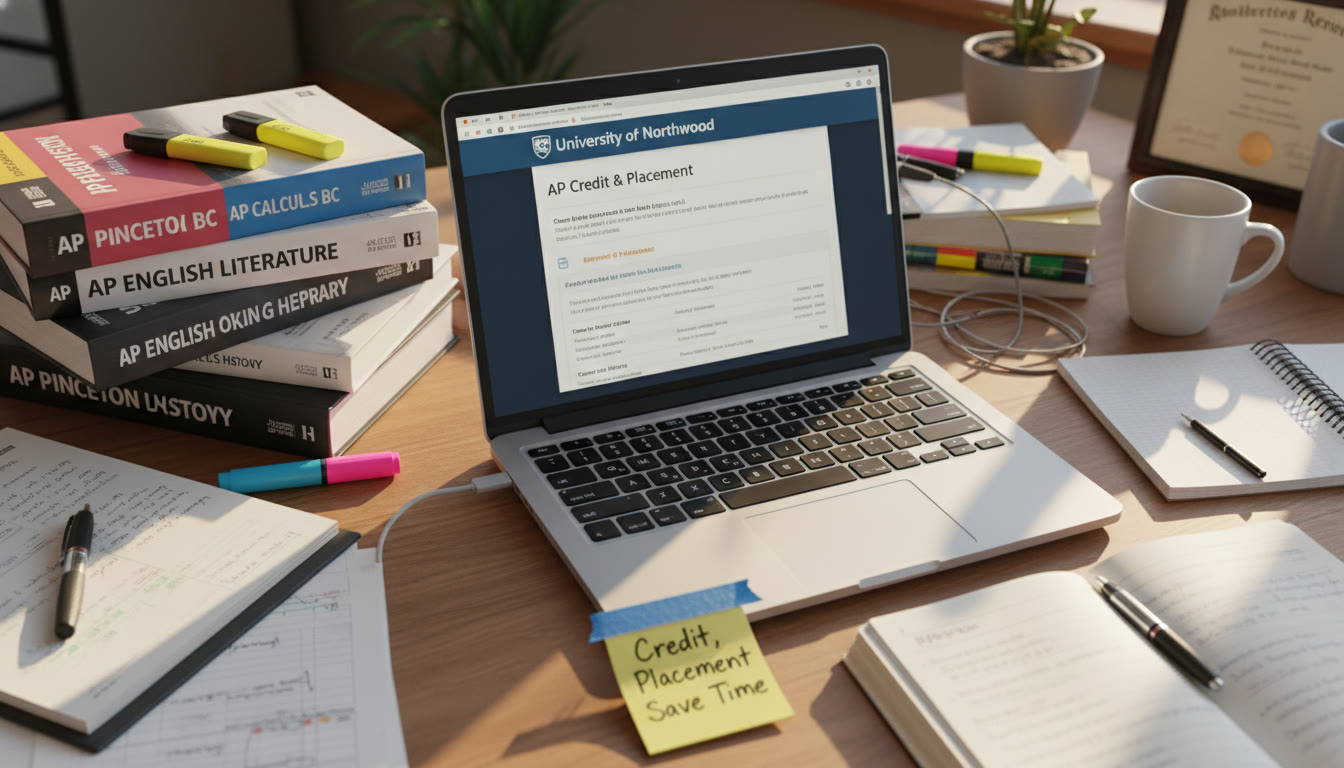 Photo Idea : A candid top-down photo of a study desk with AP prep books, a laptop showing a university portal, highlighters, and a sticky note that reads “Credit, Placement, Save Time” — to appear near the top of the article and set the scene for practical planning.