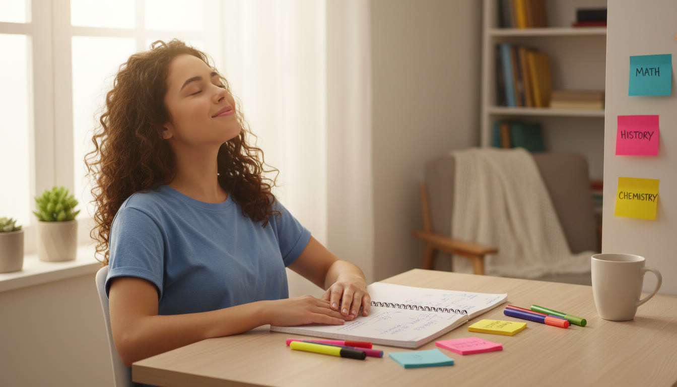Photo Idea : A bright study nook with a notebook open, post-it notes, and a student pausing mid-breath with eyes closed—captures the calm focus of beginning a mindful study session.