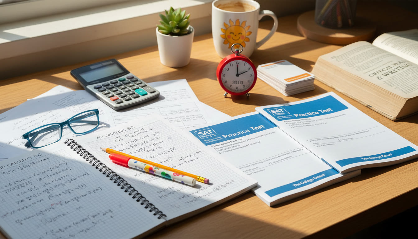 Photo Idea : Close-up of a student s desk with AP Calculus notes on one side and SAT practice booklets and a timer on the other, conveying the dual-focus study approach.