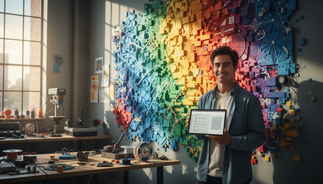 Photo Idea : A student standing by a colorful wall-mounted data mural, tablet in hand showing code that generated the pattern; natural daylight and workshop tools in the background.