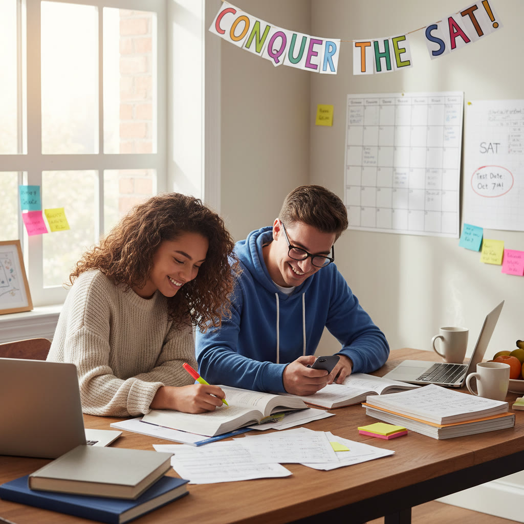 Two students studying side-by-side: one annotates sentences, the other times practice sections; cheerful study setting with notes and highlighters.