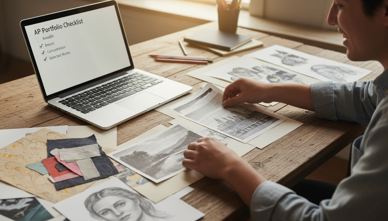 Photo Idea : Close-up of a student arranging portfolio pieces on a table — photographs, sketches, textured paper — with a laptop open to a portfolio checklist. Hands-on, tactile feel.