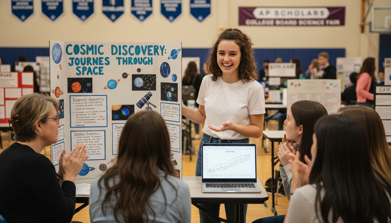Photo Idea : A high school student presenting a colourful, poster-board science fair project to a small audience in a gym, with a laptop open showing data graphs. The image should feel candid, warm, and focused on the student’s expression.