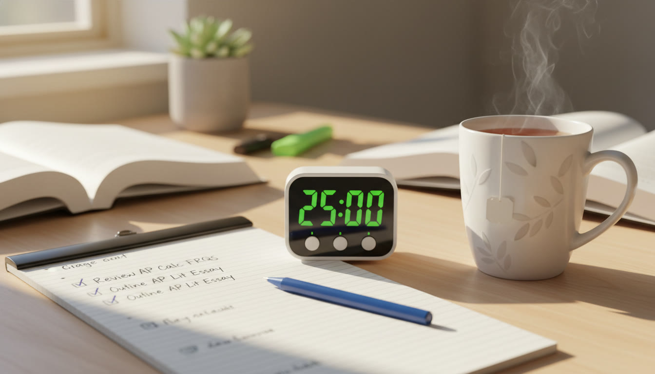 Photo Idea : A close-up of a checklist and a timer on a desk with a cup of tea — conveying calm, manageable study routines and the tangible rituals that help a student begin work.