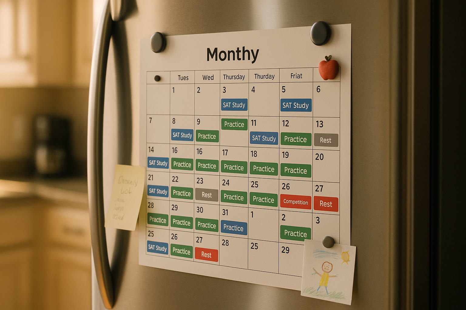 Photo Idea : A fridge calendar filled with color-coded blocks—blue for SAT study, green for practices, red for competitions—showing clear planning and balance.