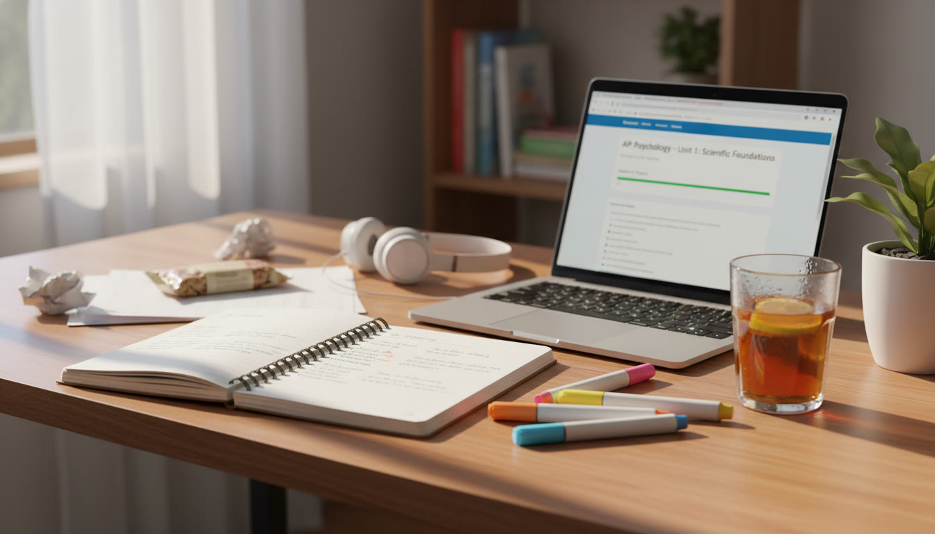 Photo Idea : A sunlit desk with open notebook, colored highlighters, a laptop showing an AP course page, and a cold drink—evoking relaxed productivity and summer study vibe.