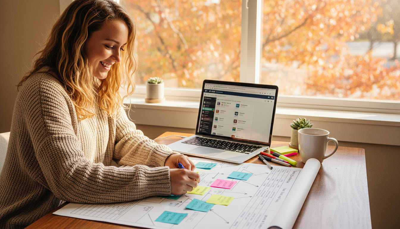 Photo Idea : A student at a desk in early fall, mapping a colorful syllabus on paper with sticky notes and a laptop open to a digital AP Classroom dashboard.