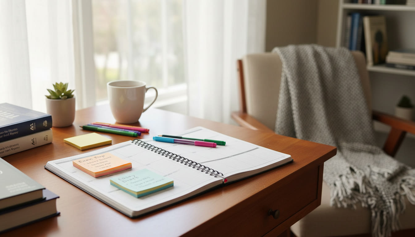 Photo Idea : A serene study corner with a planner open to a weekly layout, colored pens, and sticky notes titled