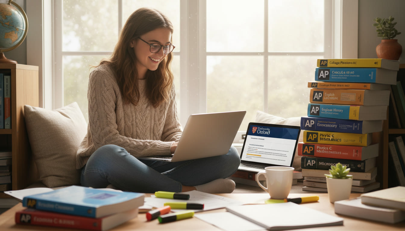 Photo Idea : A bright, candid shot of a high school student in a cozy study nook, surrounded by AP textbooks and notes, with a laptop open to a university webpage — visualizing the AP-to-UK pathway.
