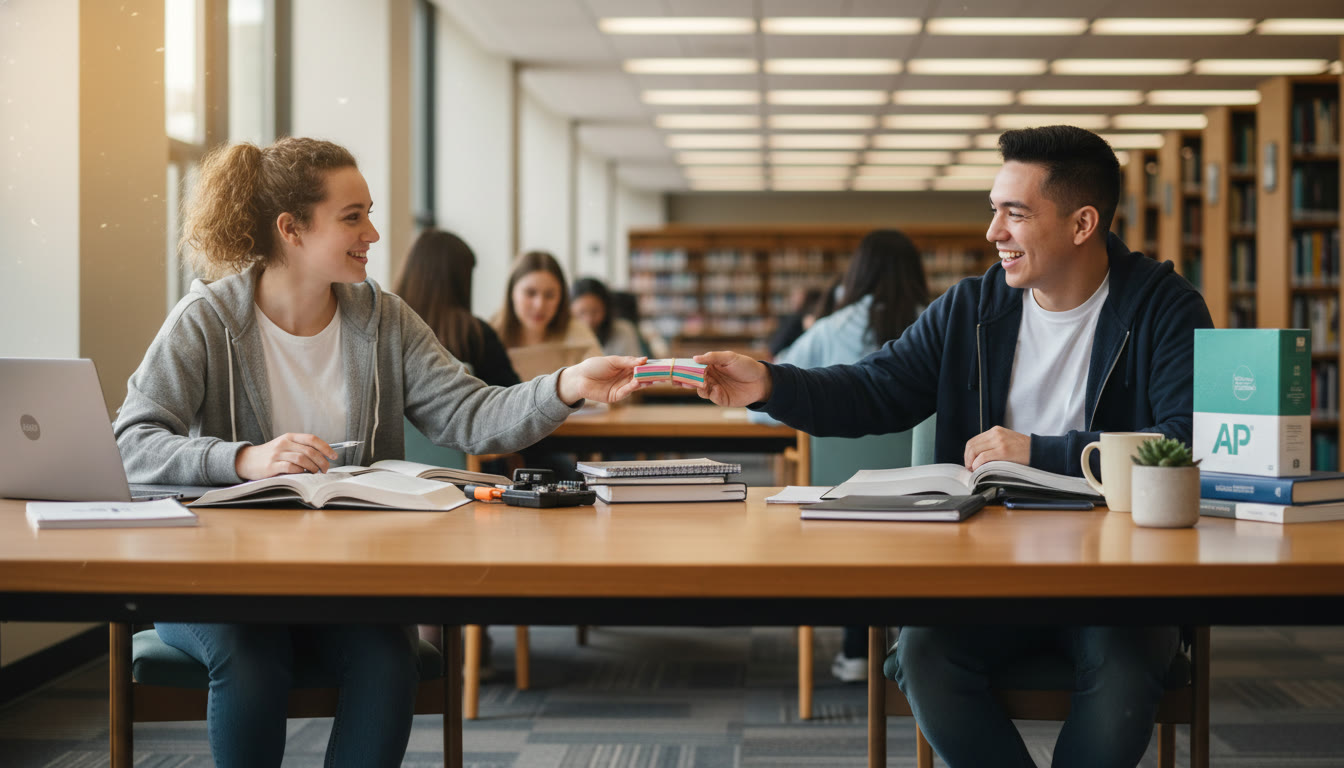 Photo Idea : Two friends studying on opposite sides of a library table, one handing over a set of neatly organized flashcards to the other—symbolizing sharing, repair, and cooperative study. The vibe is calm, collaborative, and hopeful.