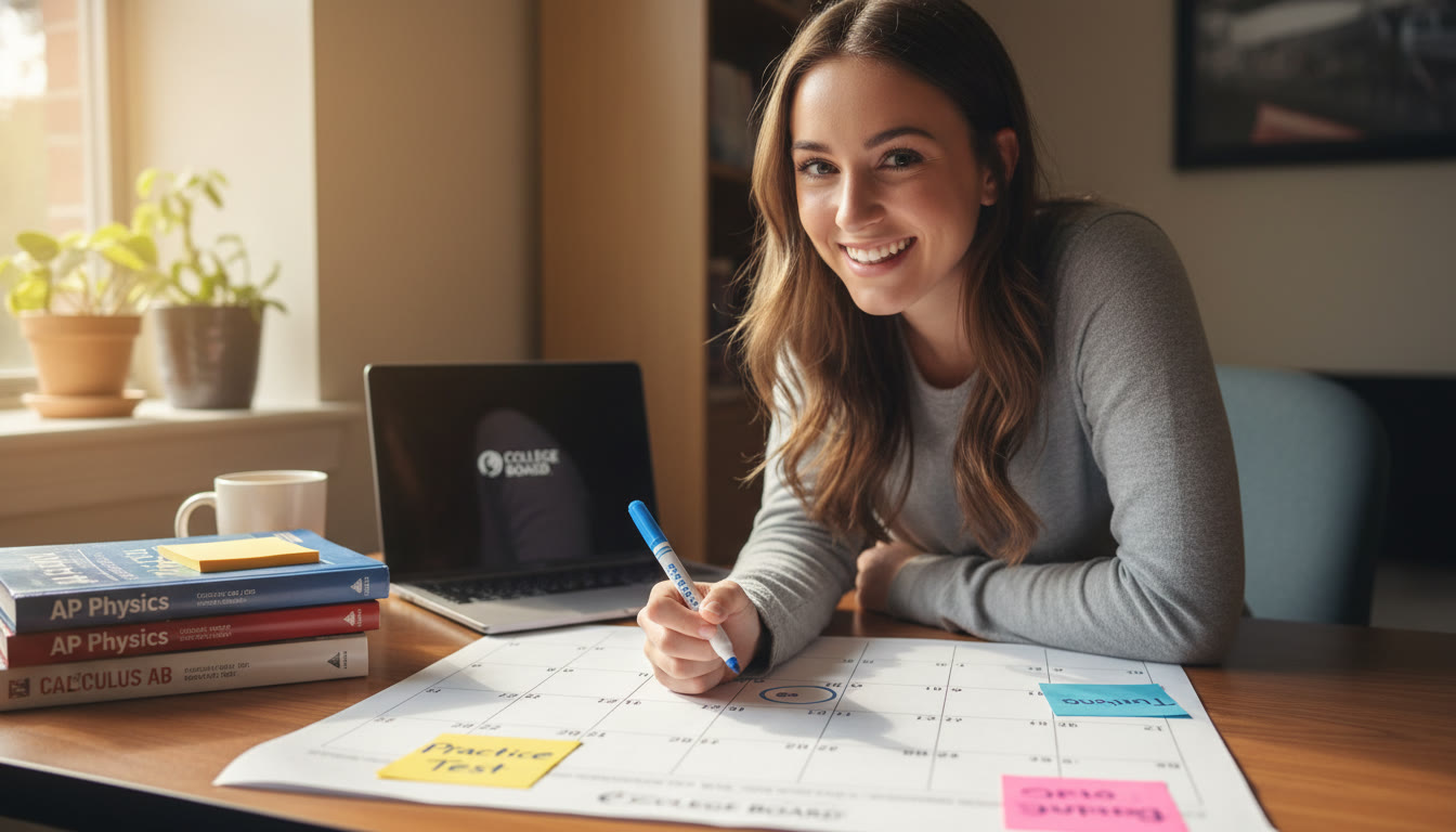 Photo Idea : A student mid-week marking a calendar on a desk, with sticky notes labeled 