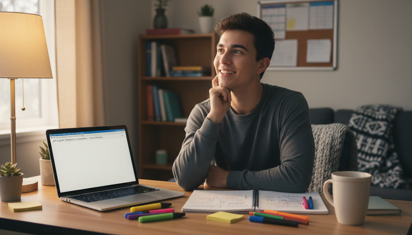Photo Idea : Student at a desk with an open laptop and notebook, mid-thought, hand on chin — conveying focus and active planning of a thesis. Lighting is warm and study-friendly.
