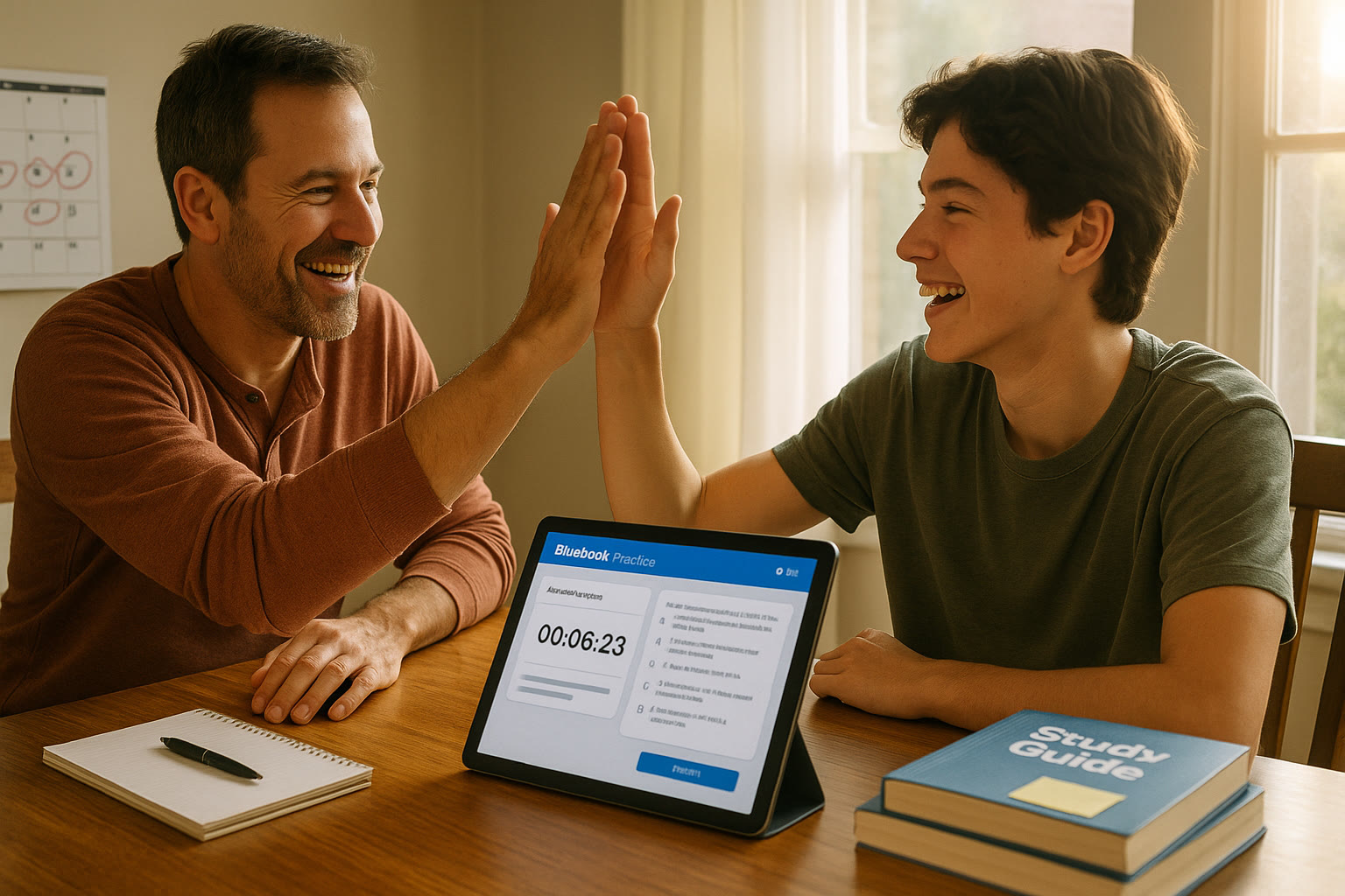 Photo Idea : A parent and teen high-fiving after finishing a timed Bluebook practice on a tablet, with a visible calendar showing test dates and a small stack of study guides nearby — candid, hopeful moment.
