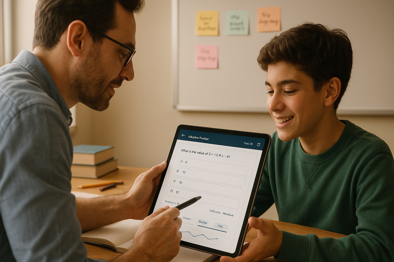 Photo Idea : A photo of a tutor and student working together over a tablet showing adaptive practice questions, with sticky notes summarizing a teacher’s comments visible in the background.