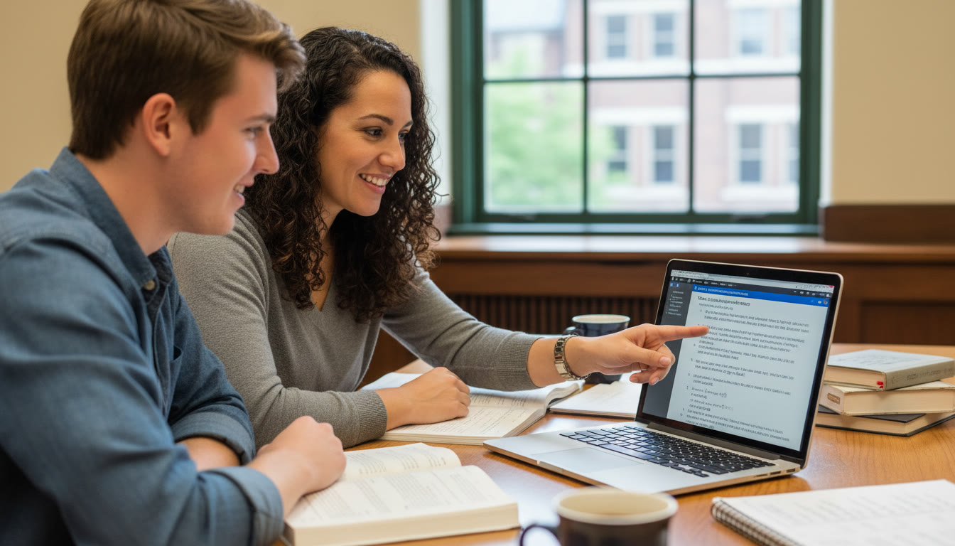 Photo Idea : A student and a tutor at a table with a laptop, the tutor pointing to a practice FRQ on-screen — conveys focused one-on-one guidance and collaborative problem solving. Place mid-article where tutoring and targeted help are discussed.