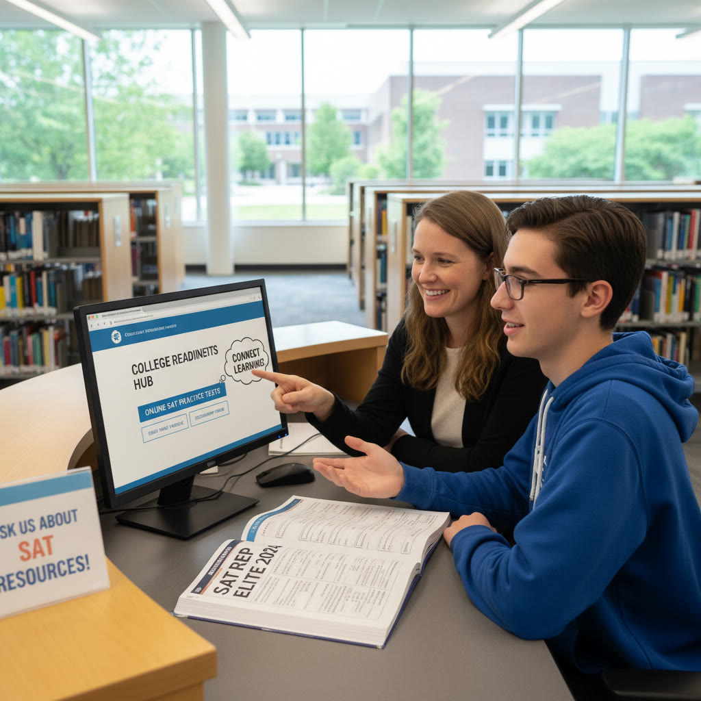 A librarian at a help desk showing a student how to access online SAT practice databases on a library computer while both look at a print workbook.