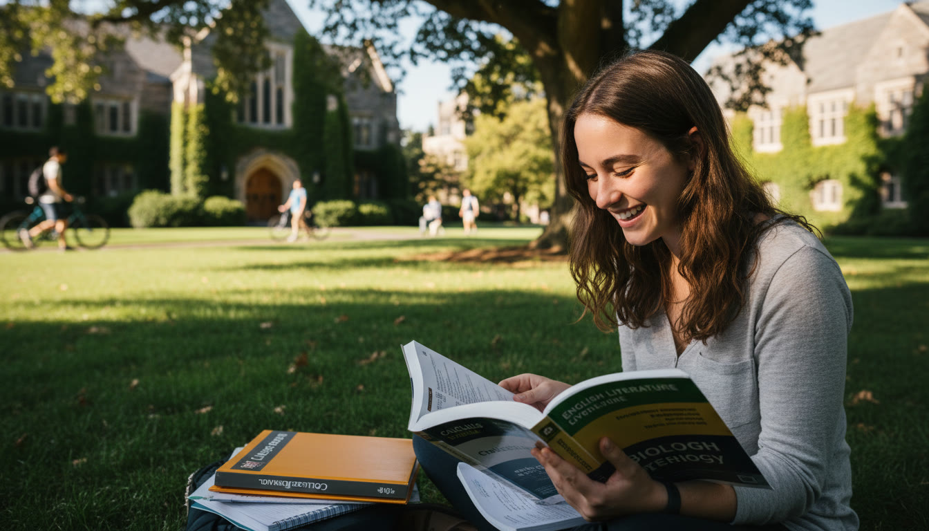 Photo Idea : A close-up of a student on Reed's campus studying with AP textbooks spread out, sunlight and campus architecture visible in the blurred background. This image should appear near the top to set the scene of AP preparation meeting college reality.