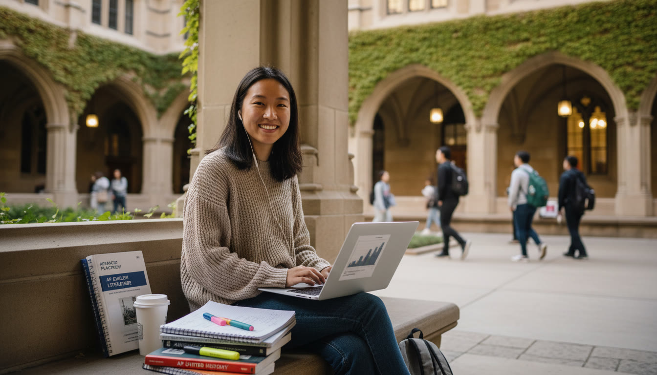 Photo Idea : A candid shot of a diverse student reading under the gothic arches of a university campus, earbuds in, laptop open, AP textbooks and notes spread out — communicates focused optimism and real student life at a place like UChicago.
