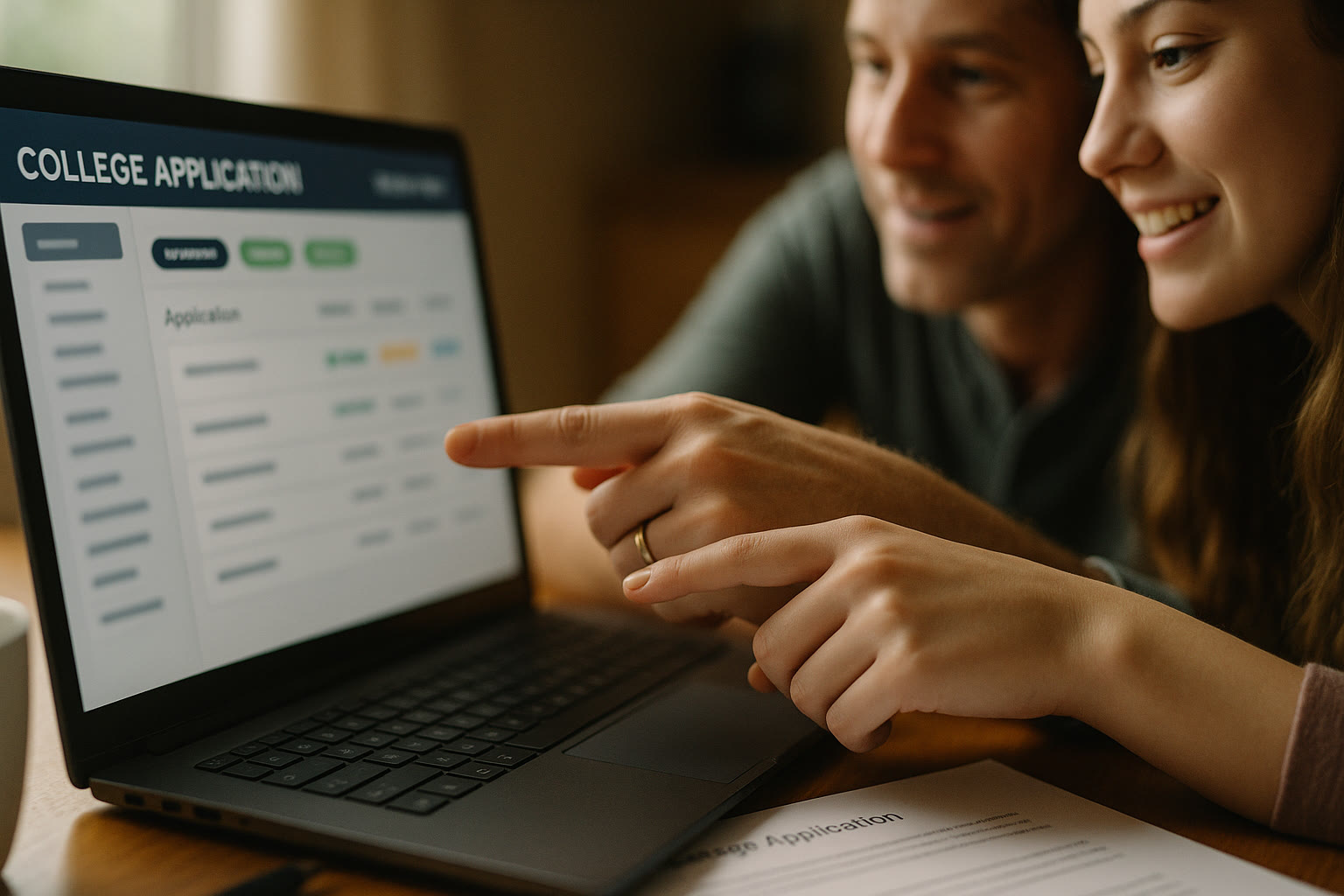 Photo Idea : Close-up of a computer screen showing a college application portal (blurred for specificity) with a parent and student pointing — emphasizes teamwork and checking status.