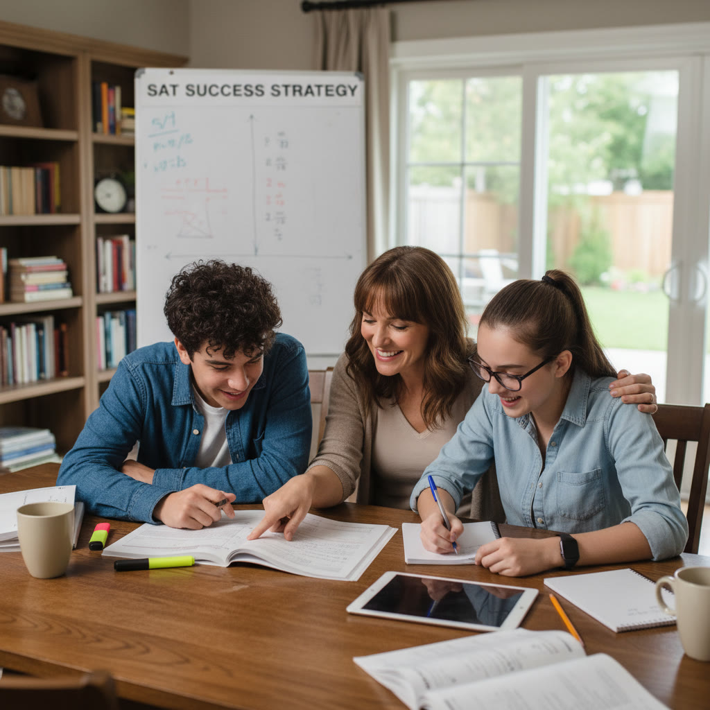 Photo idea: Two students reviewing a practice test together with a tutor, one pointing to a problem and the other taking notes, showing personalized guidance and collaboration.