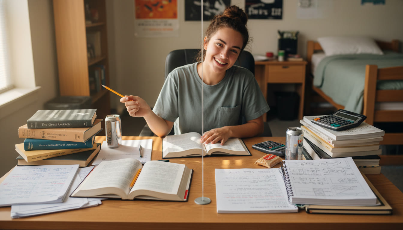 Photo Idea : A student at a cluttered desk with a split workspace—literature books and annotated passages on one side, a calculator and physics notes on the other—capturing the dual nature of AP prep.