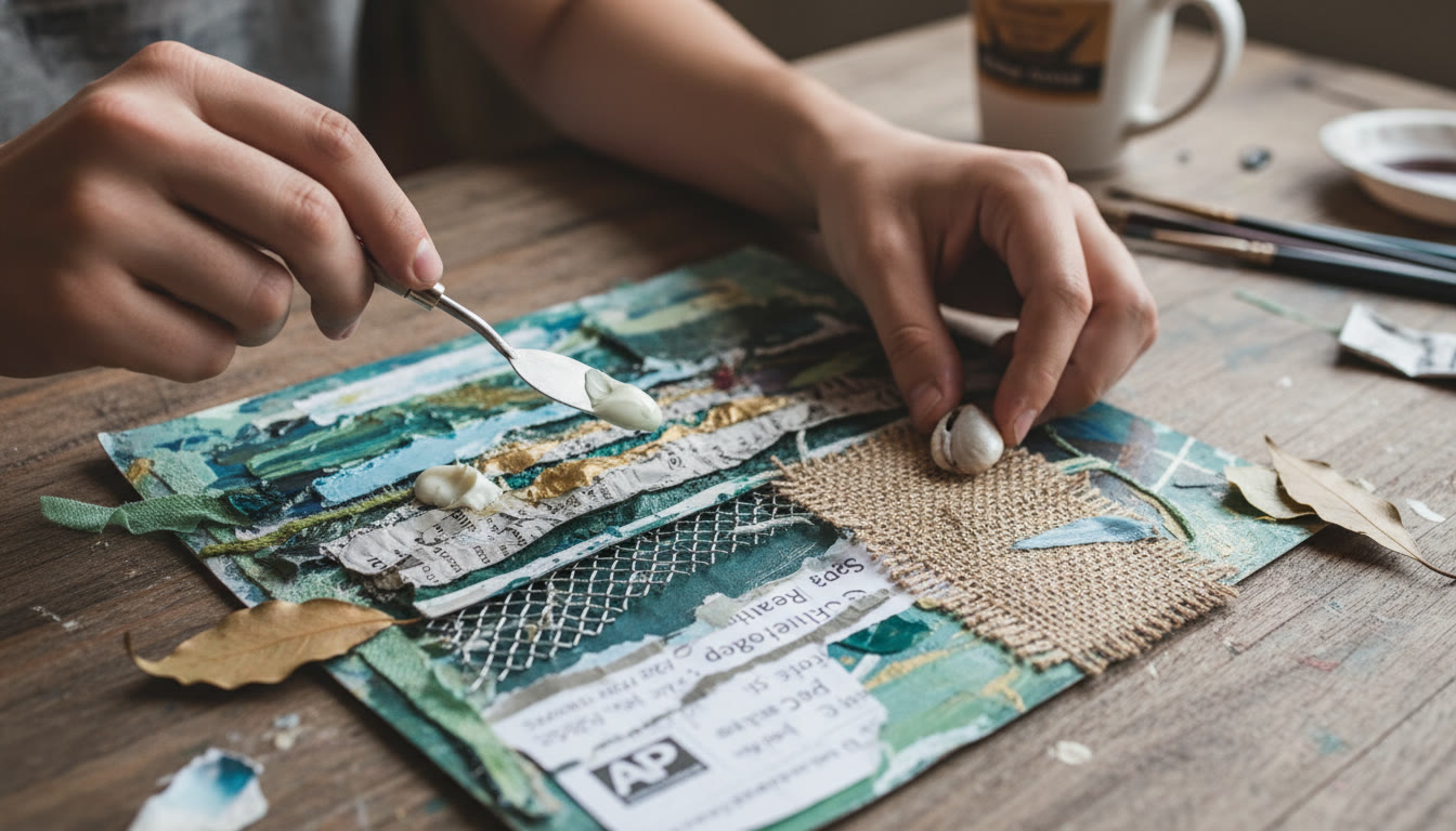 Photo Idea : A close-up detail shot of hands working on a mixed-media piece with visible layers and textures — perfect near the conclusion to reinforce the article’s emphasis on process and material investigation.