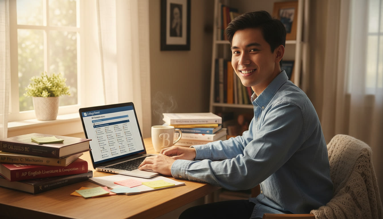 Photo Idea : A sunlit study corner with a Filipino student surrounded by AP prep books and notes, a laptop open to a practice exam, and a mug—captures focus and calm before the exam.