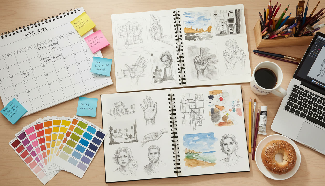 Photo Idea : A top-down shot of a student’s desk with sketchbooks, a printed calendar, sticky notes, color swatches, and a coffee cup — illustrating the ‘organized creative’ workspace.
