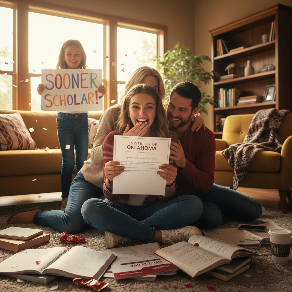 Photo Idea : A celebratory scene of a student opening an acceptance letter from the University of Oklahoma, surrounded by family and study materials; warm tones and genuine emotion.