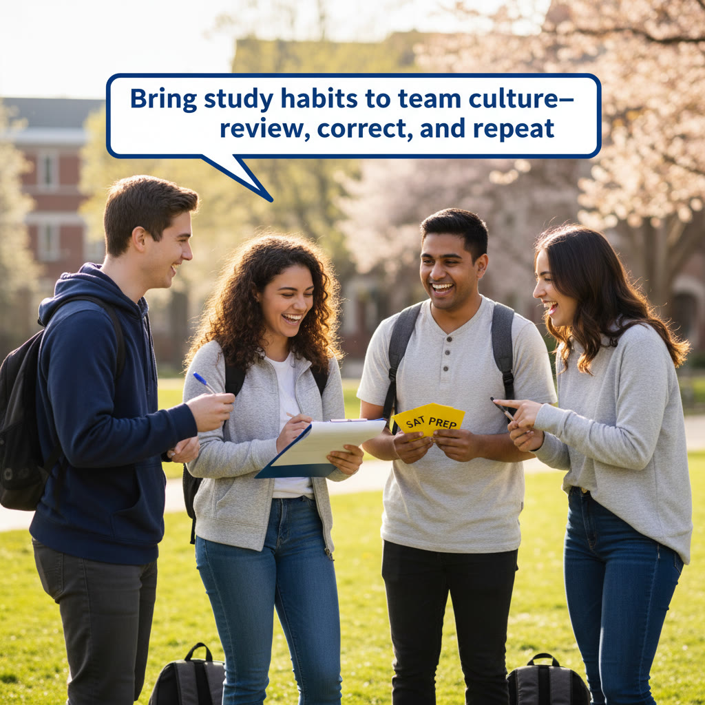 Team huddle with a clipboard, but one player holding flashcards—caption: