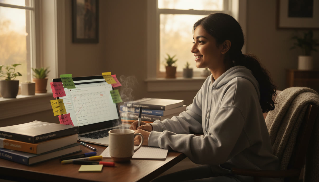 Photo Idea : A cozy study scene: a student at a desk with AP prep books, a laptop open to a study plan, sticky notes, and a cup of tea—warm, focused, showing preparation and calm productivity.