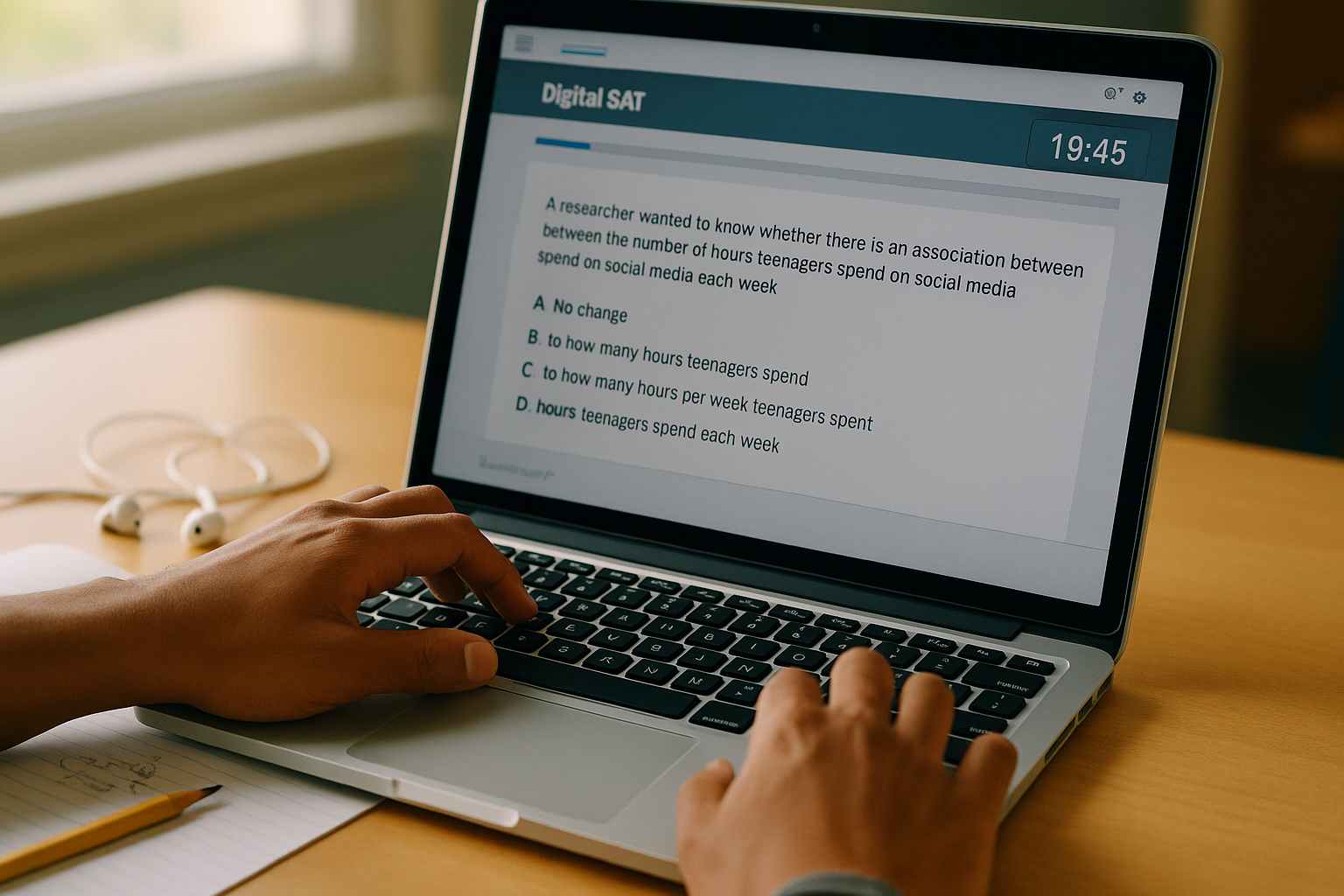 Photo Idea : Close-up of a student’s hands navigating a Digital SAT practice interface on a laptop, with a timer visible on the screen.