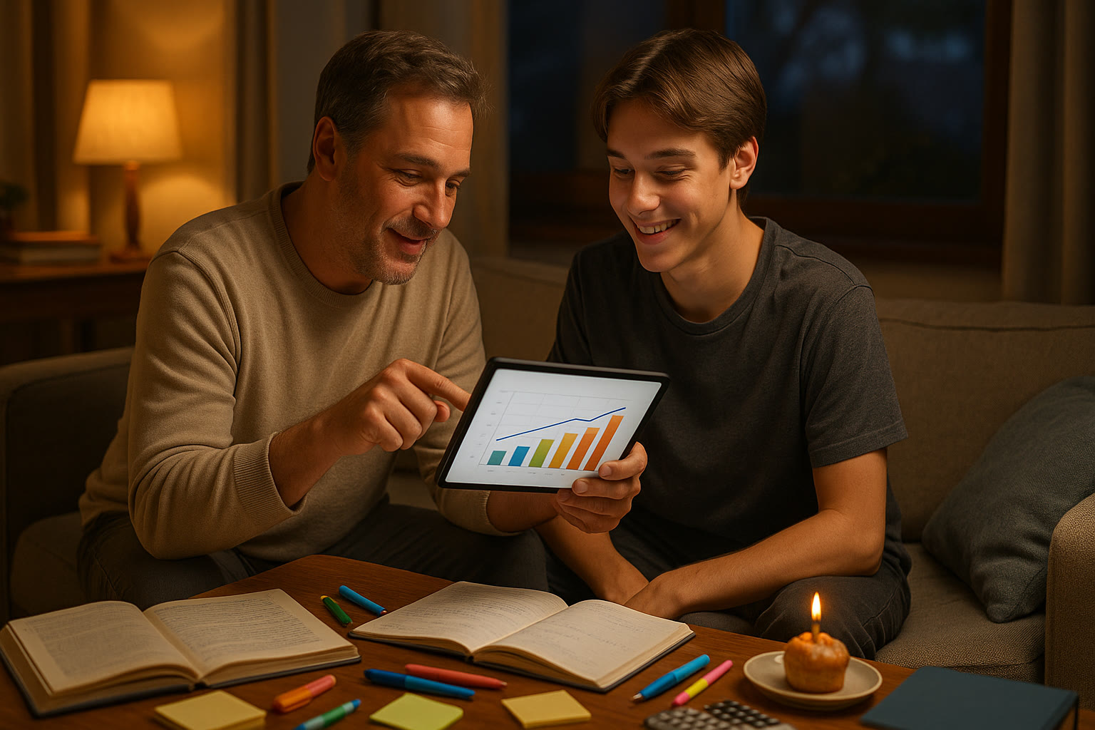 Photo Idea : A cozy evening scene of a parent and teen reviewing a progress chart on a tablet, surrounded by study materials and a small celebratory pastry—warm, encouraging atmosphere.