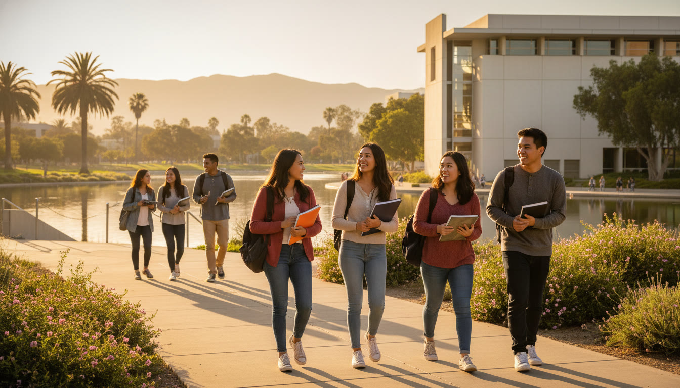 Photo Idea : A bright, candid photo of UCSB's campus — students walking near the library or the lagoon at golden hour, textbooks in hand, backpacks and a laptop visible — to evoke possibility and calm focus.