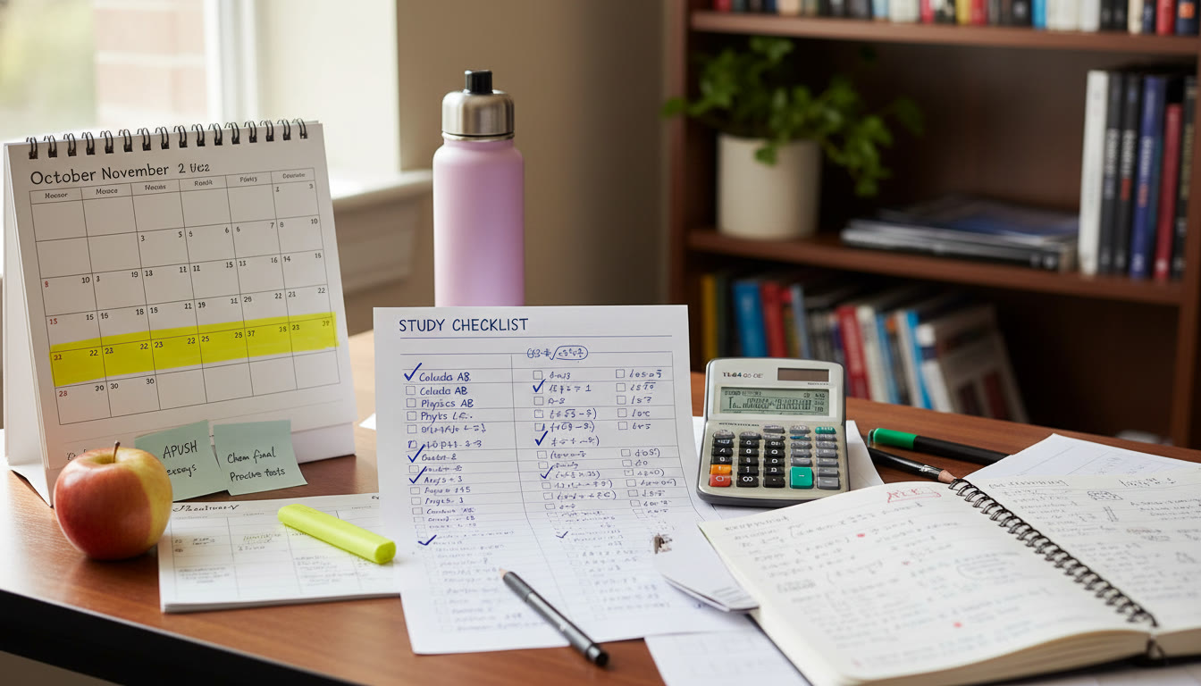 Photo Idea : A study checklist laid out on a desk with a graphing calculator, open notebook showing worked problems, and a calendar with a 12‑week plan highlighted—visualizing structure and achievable progress.